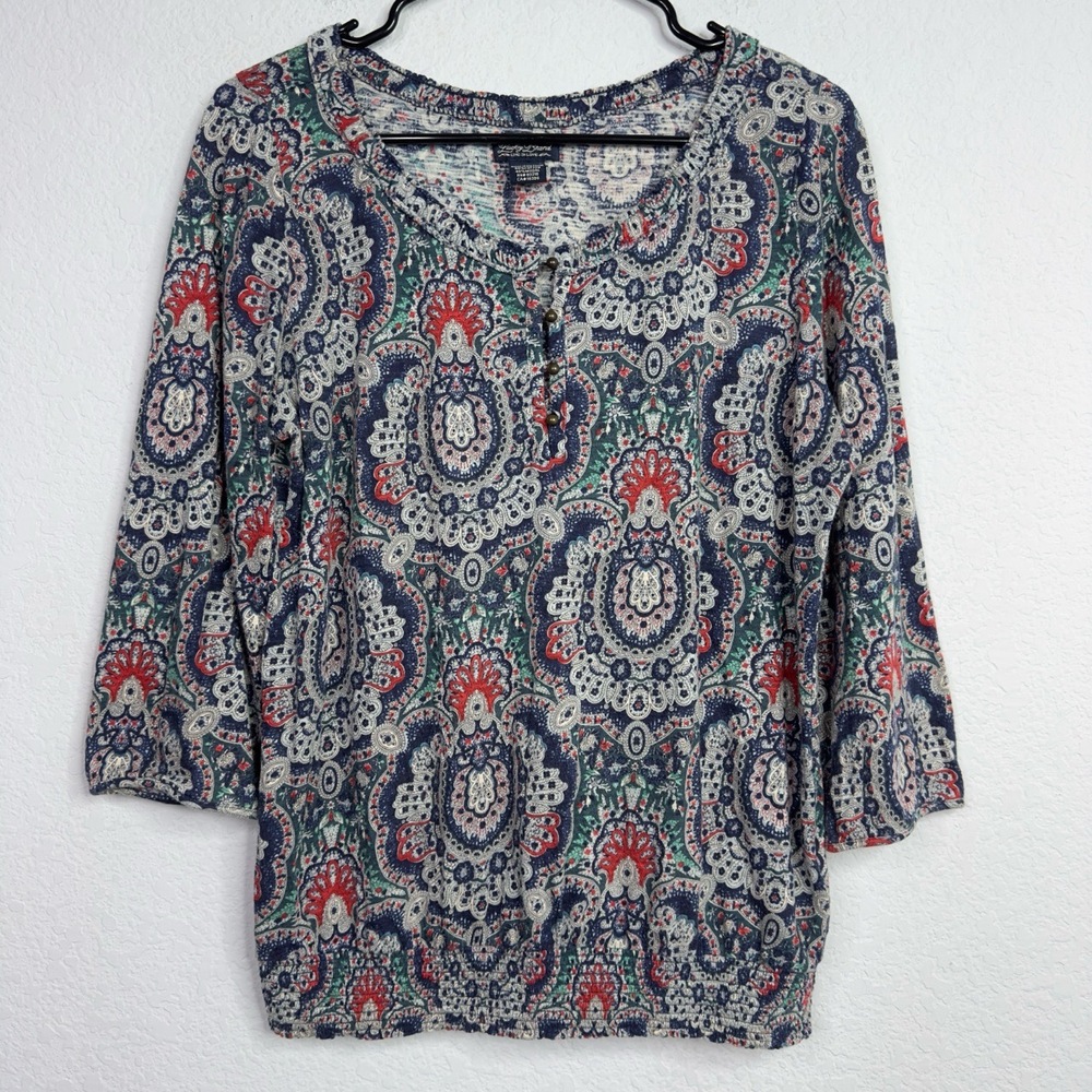 Lucky Brand Shirt Women M Paisley 3/4 Sleeve Peasant Boho Resort Vacation Casual